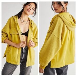 Free People Britney Cardi Hooded Jacket Sweatshirt Zip Front Citron Yellow